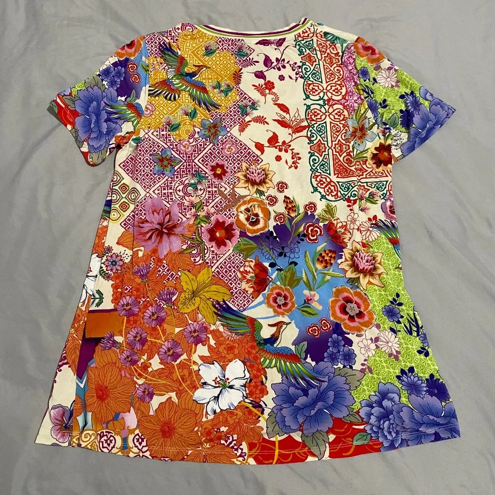 Johnny Was Multicolor Floral & Bird Short Sleeve Tee — Purple, Blue, Green, Red - Picture 2 of 4